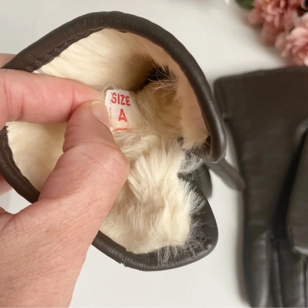 Vintage Brown Nylon Rabbit Fur Lined Gloves